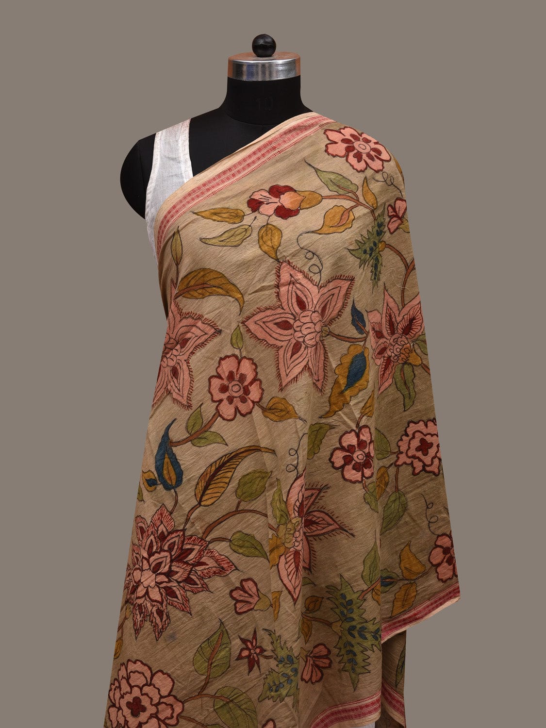 Light Green Kalamkari Hand Painted Cotton Dupatta with Floral and Doby Border Design ds2923