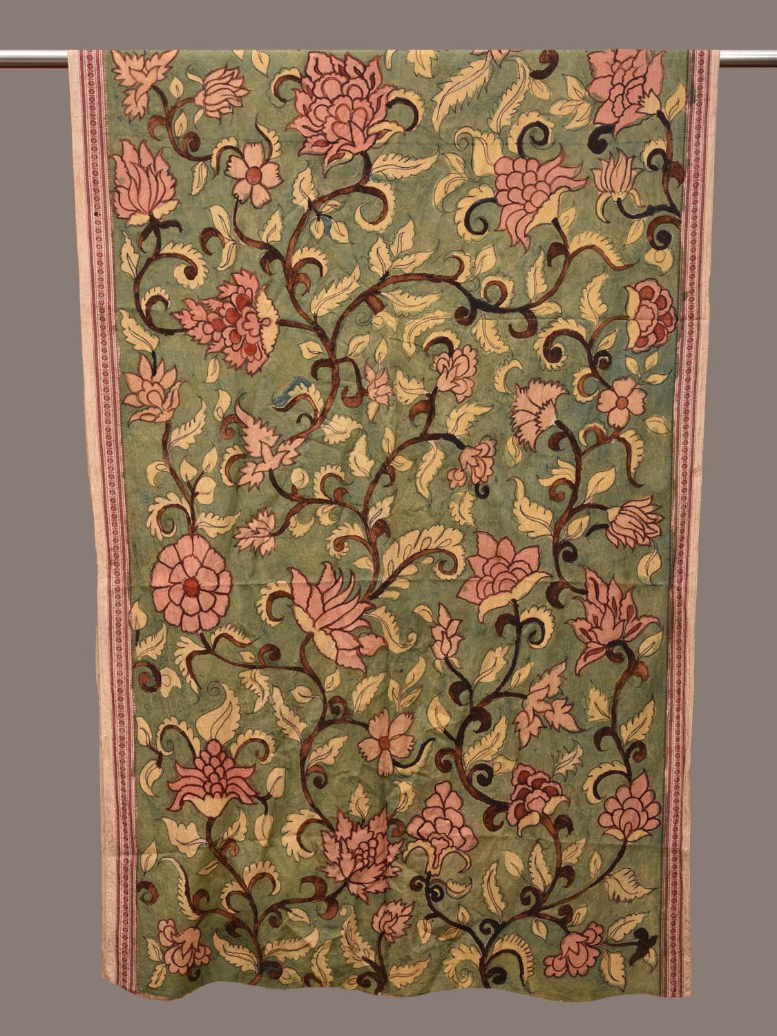 Light Green Kalamkari Hand Painted Cotton Handloom Dupatta with Floral and Doby Border Design ds3188