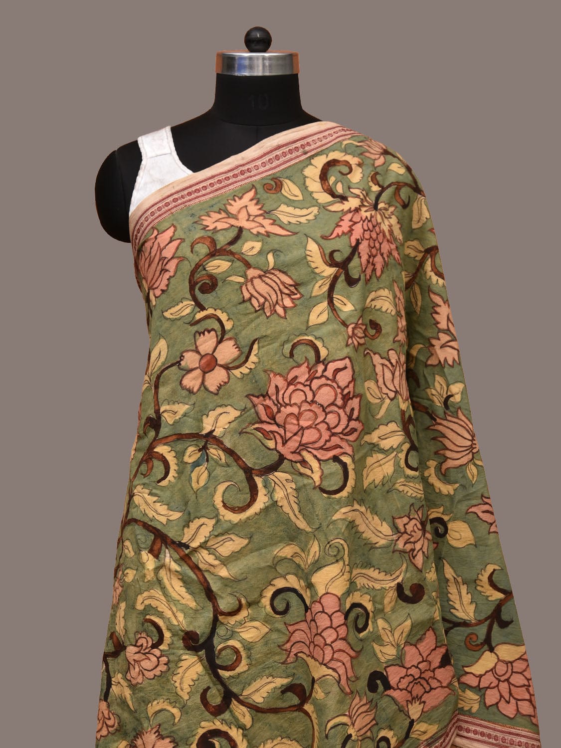 Light Green Kalamkari Hand Painted Cotton Handloom Dupatta with Floral and Doby Border Design ds3188