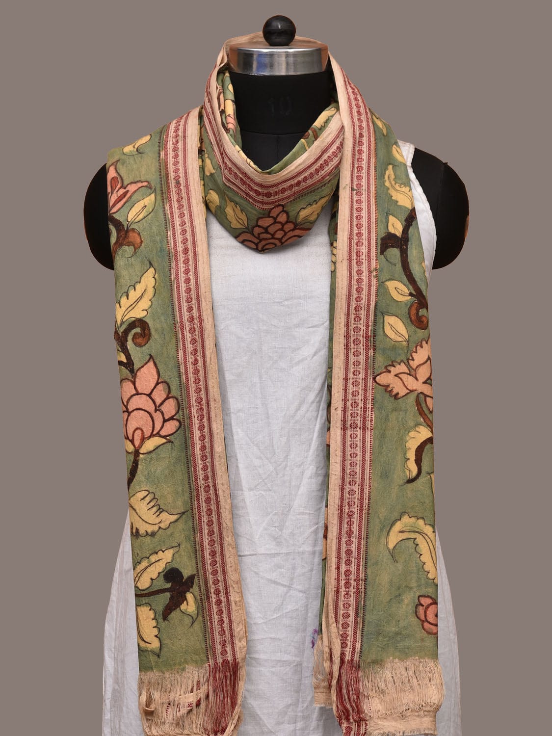 Light Green Kalamkari Hand Painted Cotton Handloom Dupatta with Floral and Doby Border Design ds3188