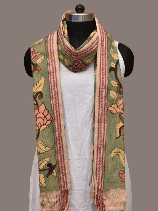 Light Green Kalamkari Hand Painted Cotton Handloom Dupatta with Floral and Doby Border Design ds3188