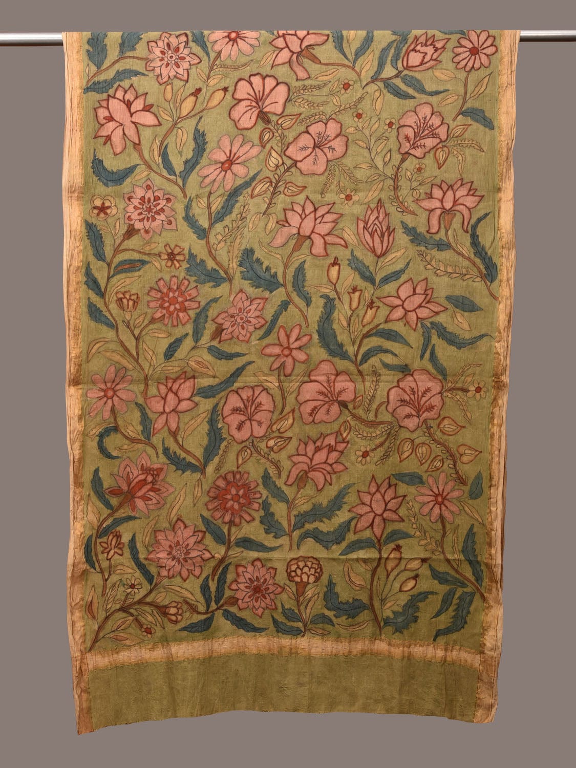 Light Green Kalamkari Hand Painted Cotton Handloom Dupatta with Floral Design ds3170