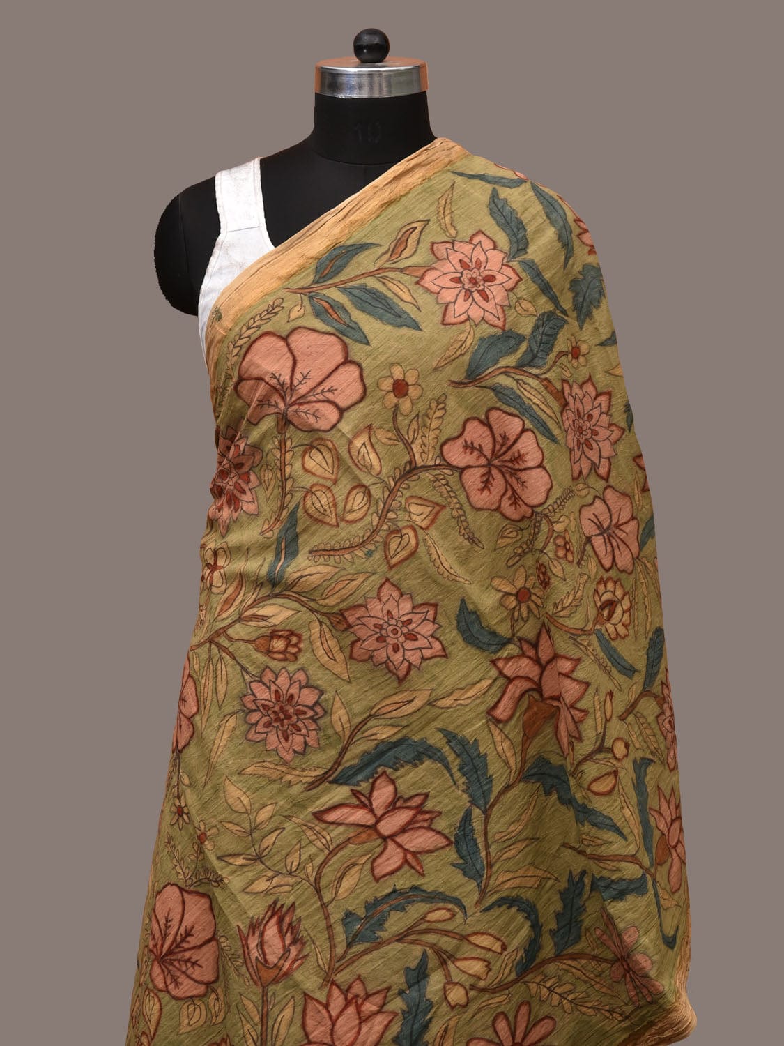 Light Green Kalamkari Hand Painted Cotton Handloom Dupatta with Floral Design ds3170