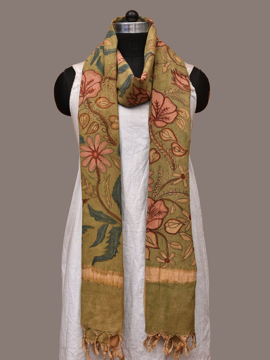 Light Green Kalamkari Hand Painted Cotton Handloom Dupatta with Floral Design ds3170