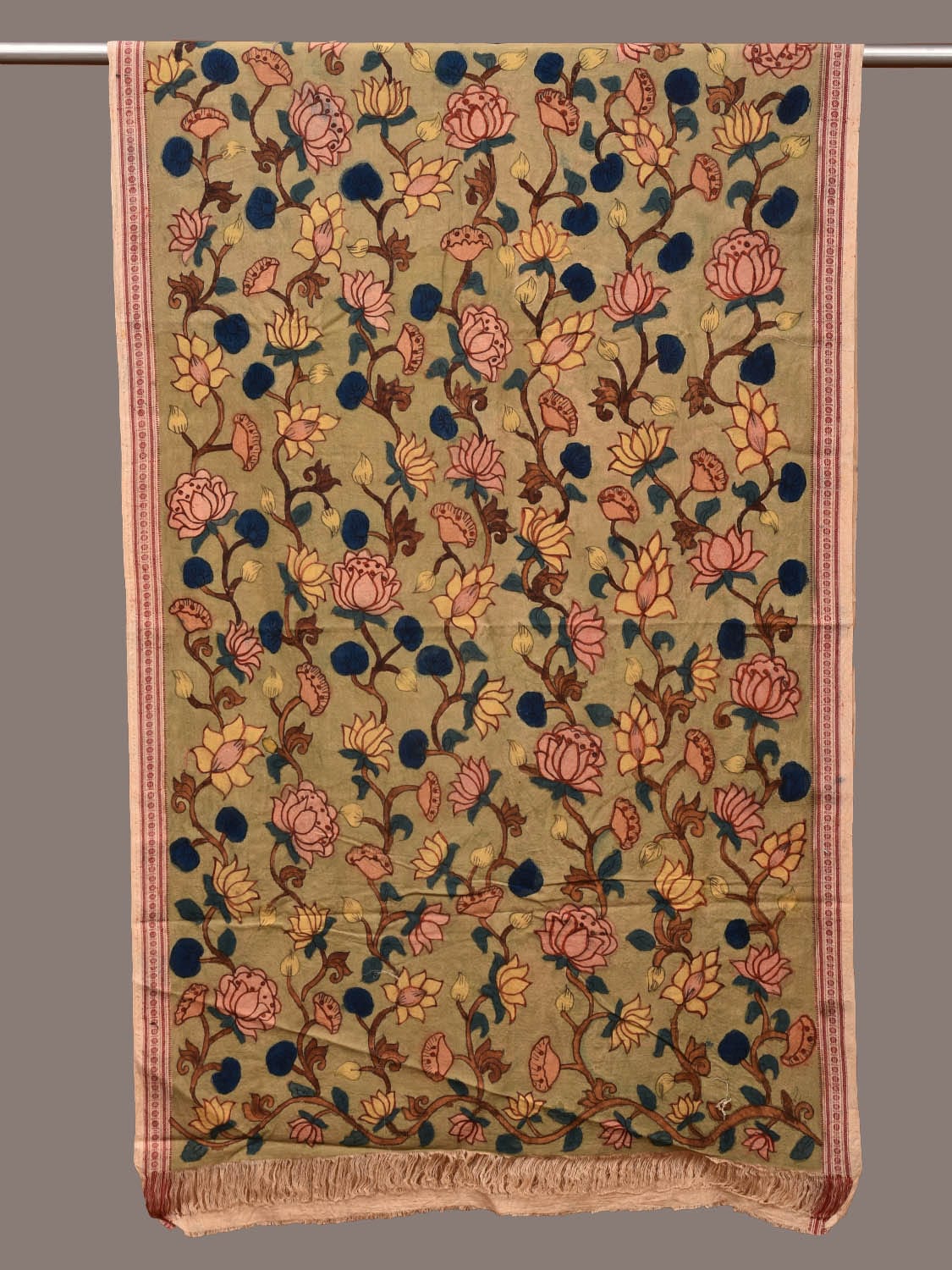 Light Green Kalamkari Hand Painted Cotton Handloom Dupatta with Lotus Flowers and Doby Border Design ds3193