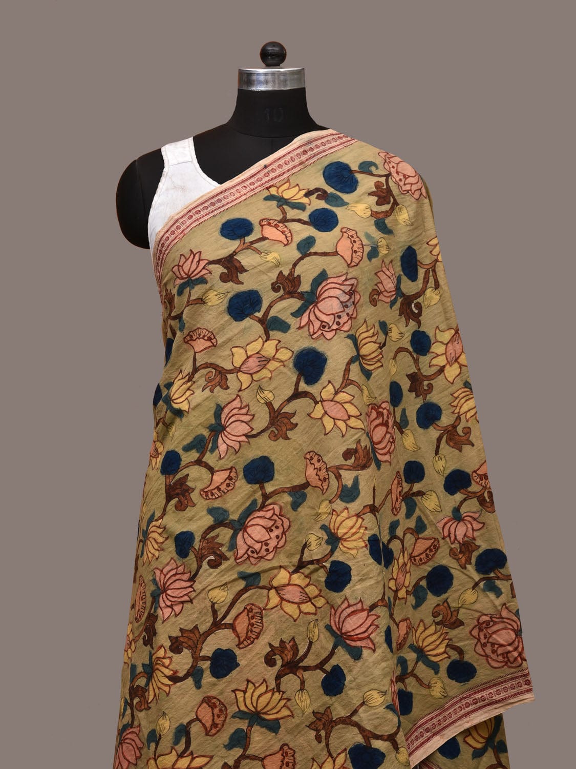 Light Green Kalamkari Hand Painted Cotton Handloom Dupatta with Lotus Flowers and Doby Border Design ds3193