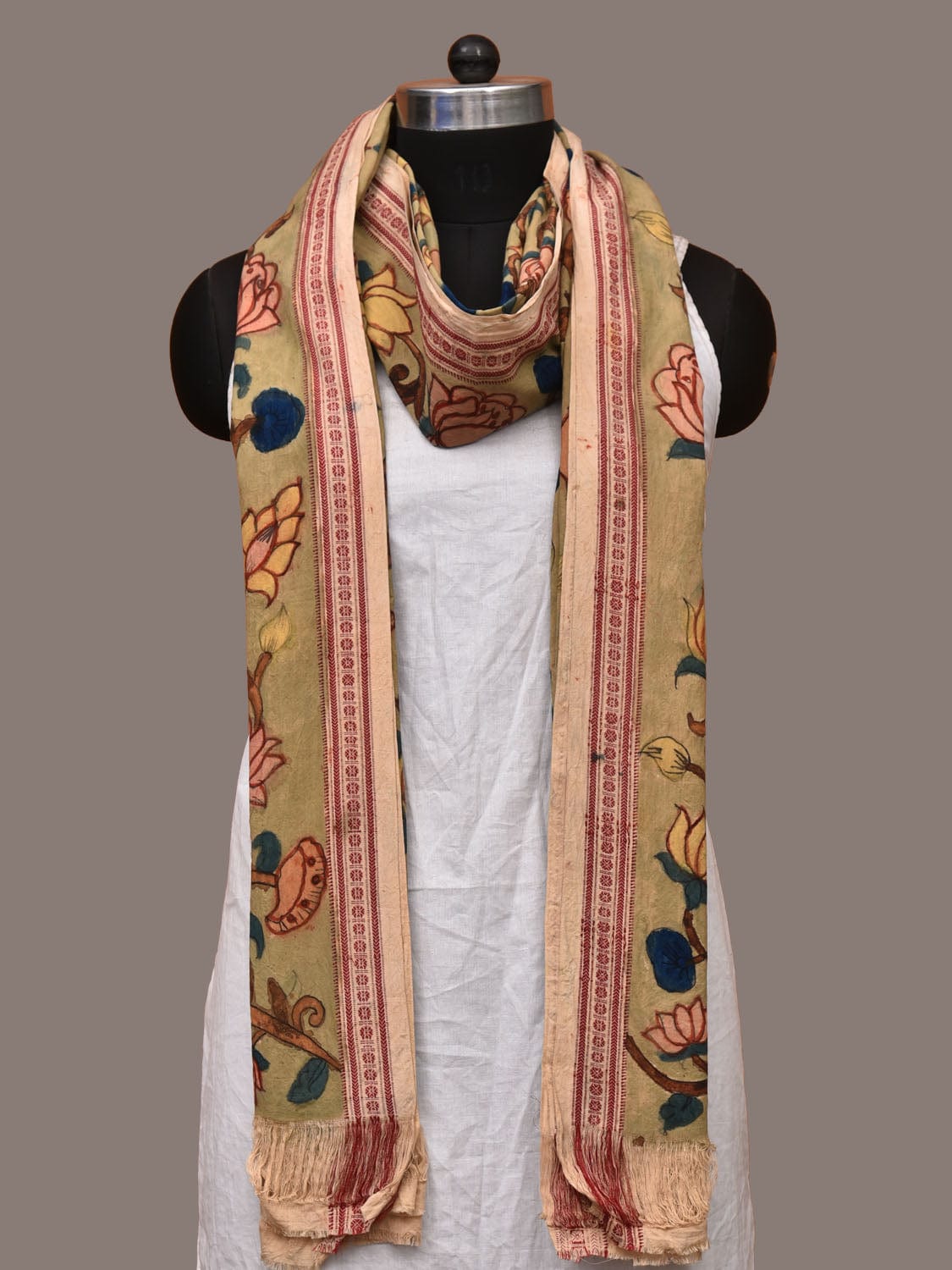 Light Green Kalamkari Hand Painted Cotton Handloom Dupatta with Lotus Flowers and Doby Border Design ds3193
