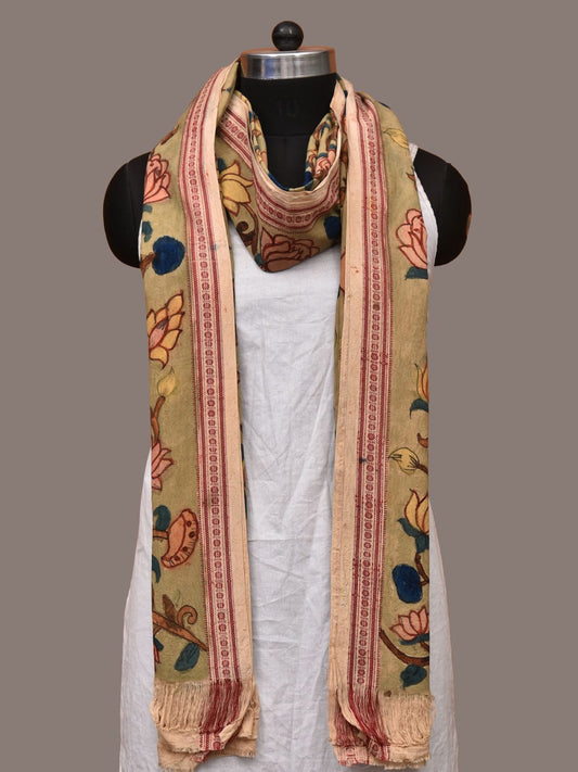 Light Green Kalamkari Hand Painted Cotton Handloom Dupatta with Lotus Flowers and Doby Border Design ds3193
