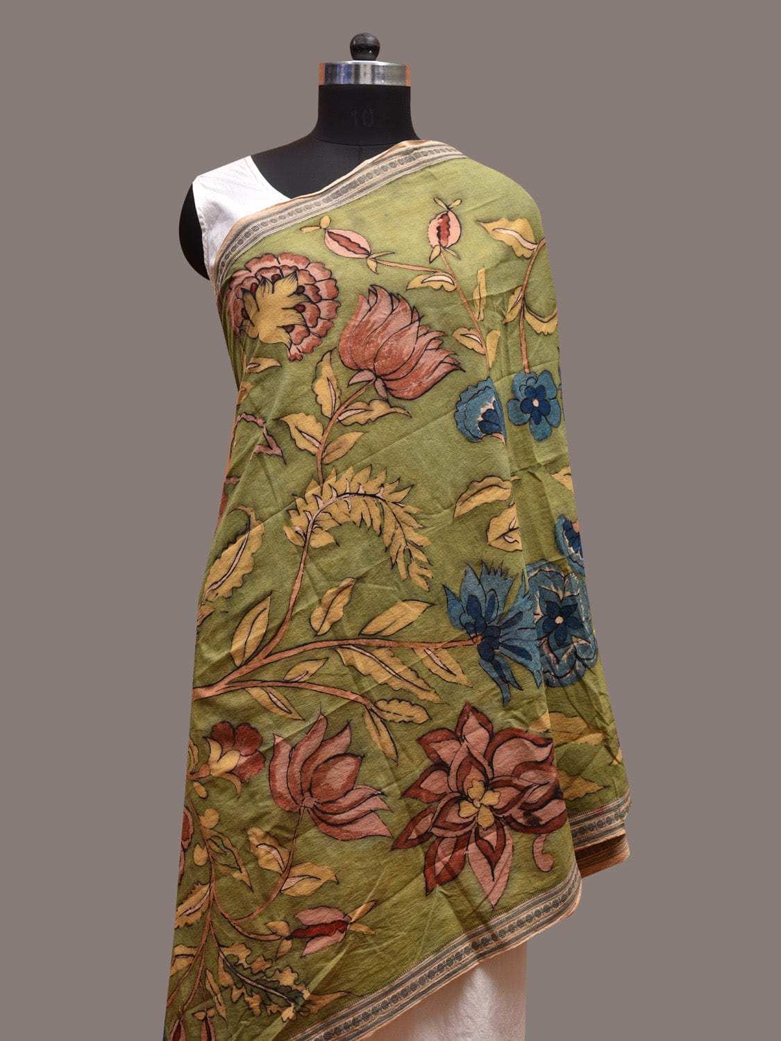 Light Green Kalamkari Hand Painted Cotton Handloom Dupatta with Peacocks and Tree of Life Design ds3627