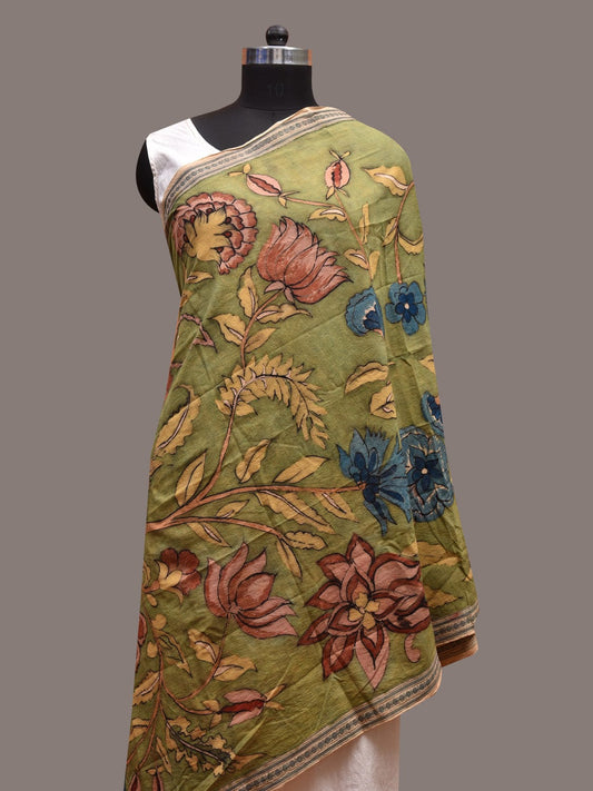 Light Green Kalamkari Hand Painted Cotton Handloom Dupatta with Peacocks and Tree of Life Design ds3627