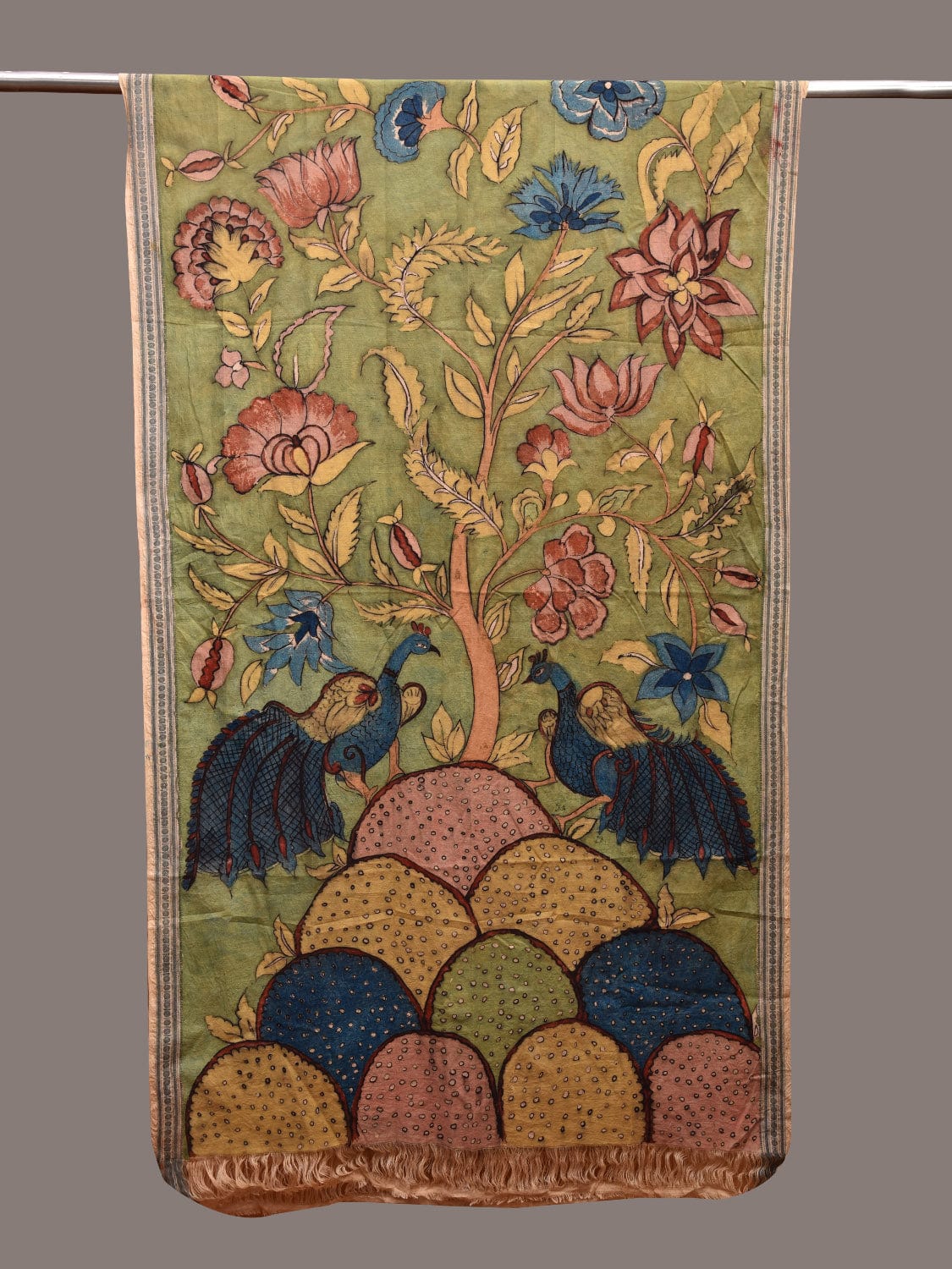 Light Green Kalamkari Hand Painted Cotton Handloom Dupatta with Peacocks and Tree of Life Design ds3627