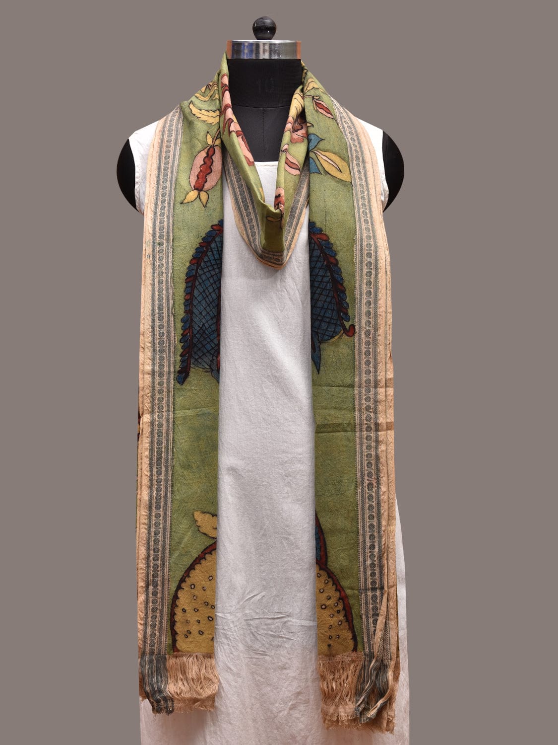 Light Green Kalamkari Hand Painted Cotton Handloom Dupatta with Peacocks and Tree of Life Design ds3627