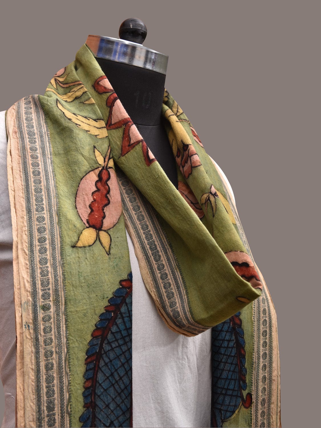 Light Green Kalamkari Hand Painted Cotton Handloom Dupatta with Peacocks and Tree of Life Design ds3627