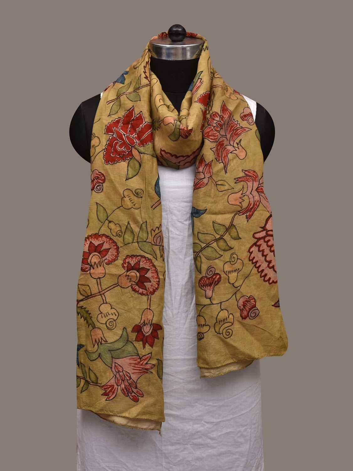 Light Green Kalamkari Hand Painted Cotton Handloom Stole with Floral Design ds3034