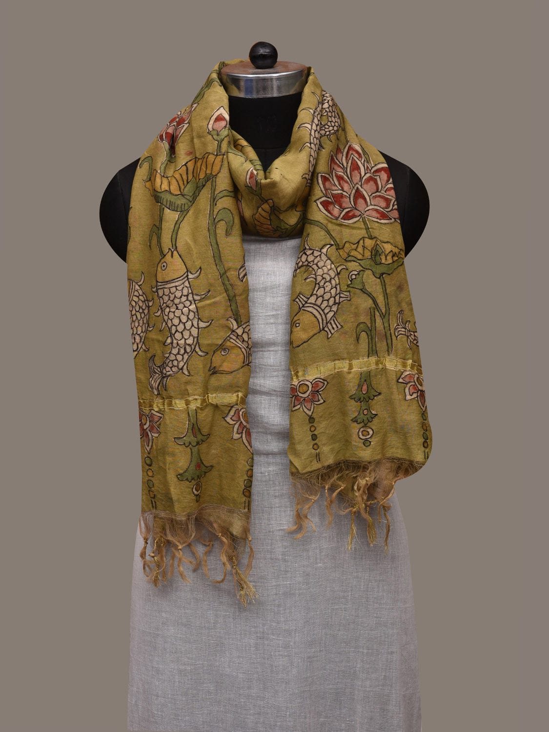 Light Green Kalamkari Hand Painted Cotton Silk Handloom Dupatta with Fishes and Floral Design ds2976