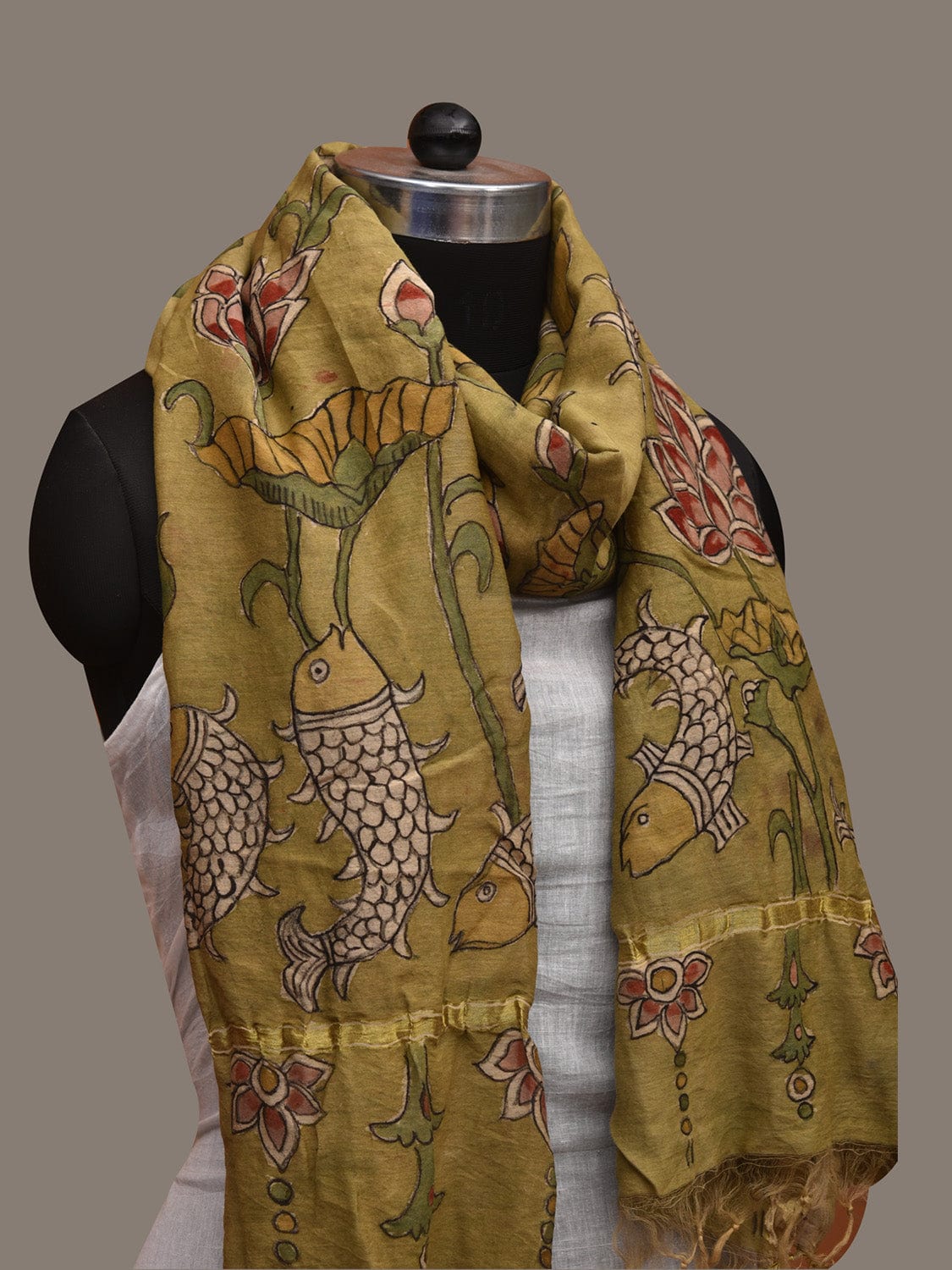 Light Green Kalamkari Hand Painted Cotton Silk Handloom Dupatta with Fishes and Floral Design ds2976