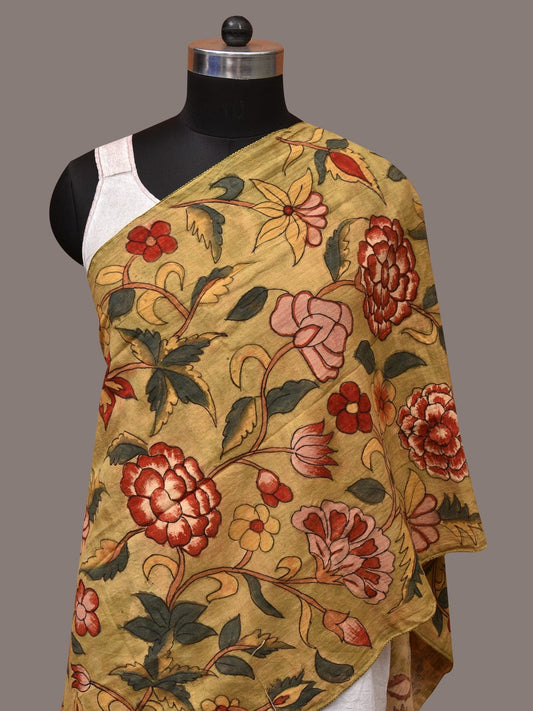 Light Green Kalamkari Hand Painted Cotton Stole with Floral Design ds3521