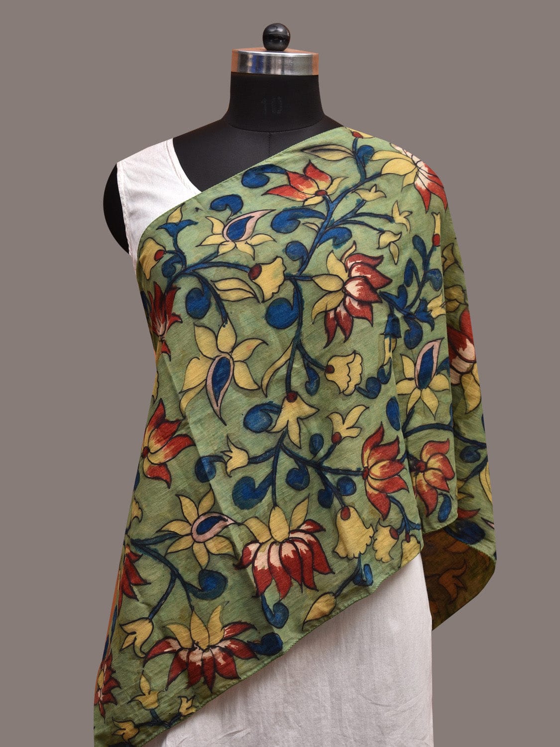 Light Green Kalamkari Hand Painted Cotton Stole with Lotus Flowers Design ds3640