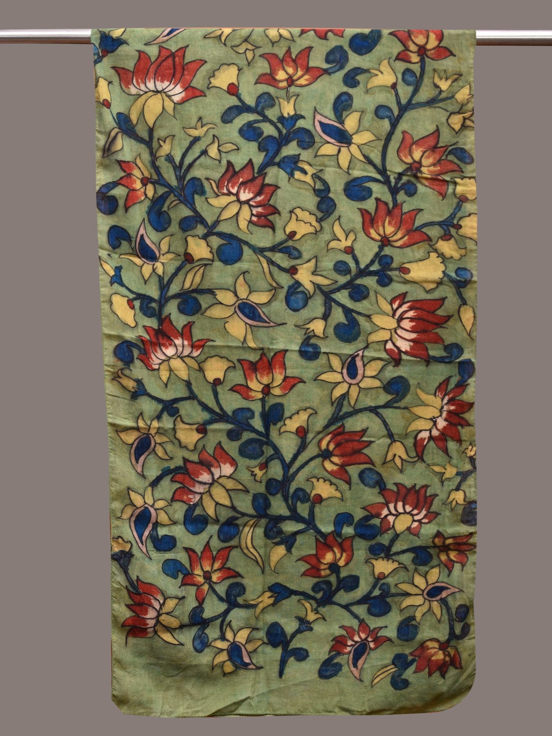 Light Green Kalamkari Hand Painted Cotton Stole with Lotus Flowers Design ds3640