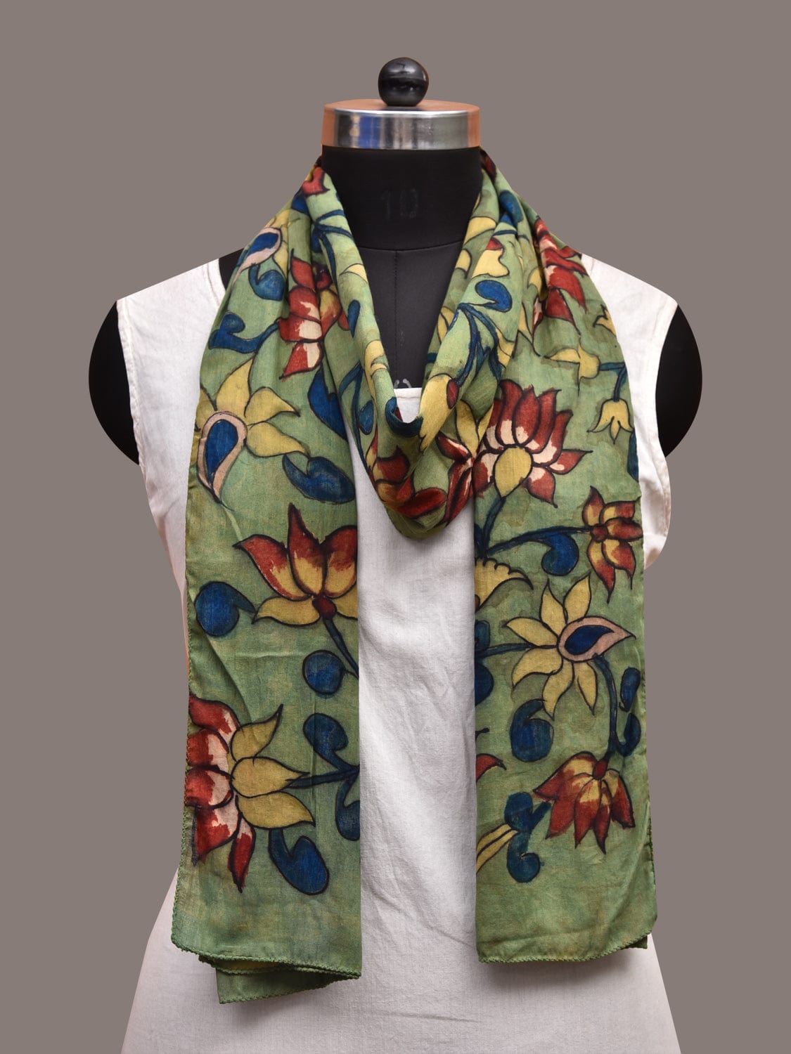 Light Green Kalamkari Hand Painted Cotton Stole with Lotus Flowers Design ds3640
