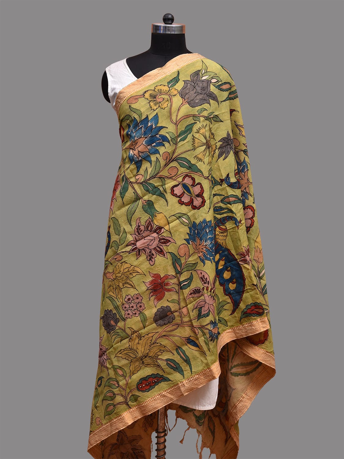 Light Green Kalamkari Hand Painted Sico Dupatta with Floral and Peacocks Design ds3673