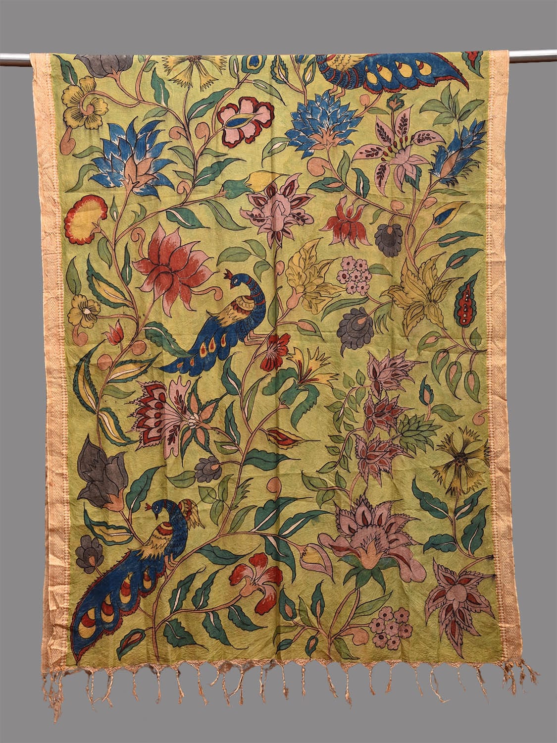 Light Green Kalamkari Hand Painted Sico Dupatta with Floral and Peacocks Design ds3673
