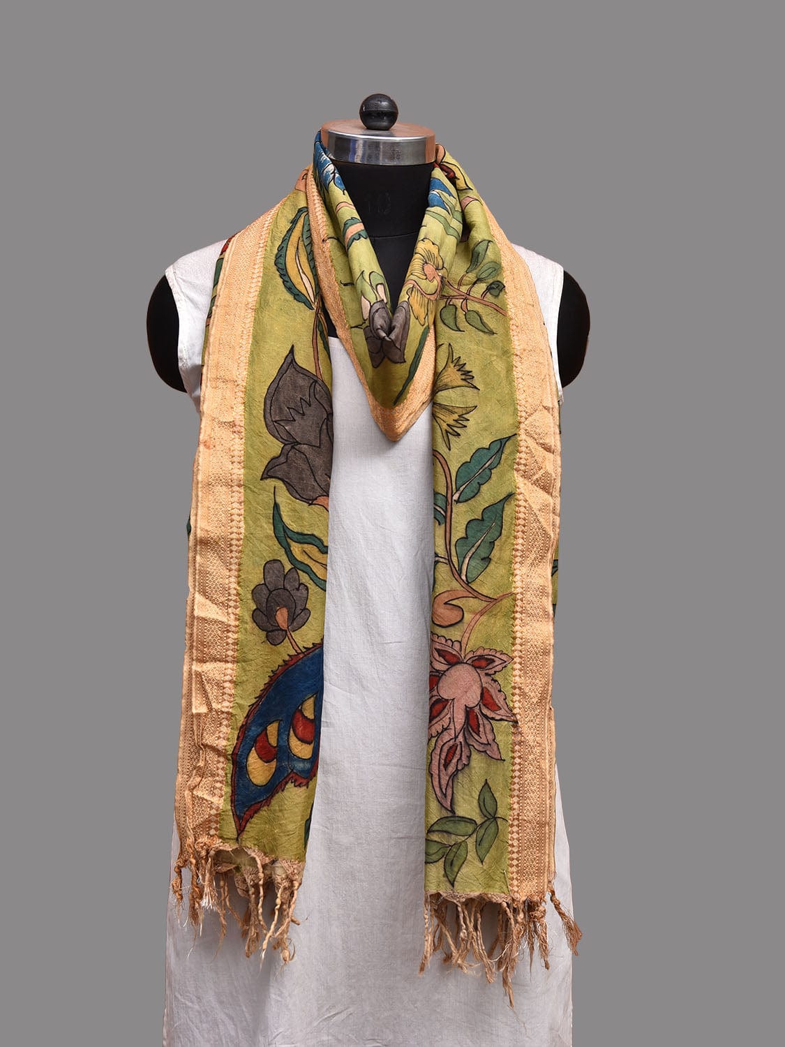Light Green Kalamkari Hand Painted Sico Dupatta with Floral and Peacocks Design ds3673