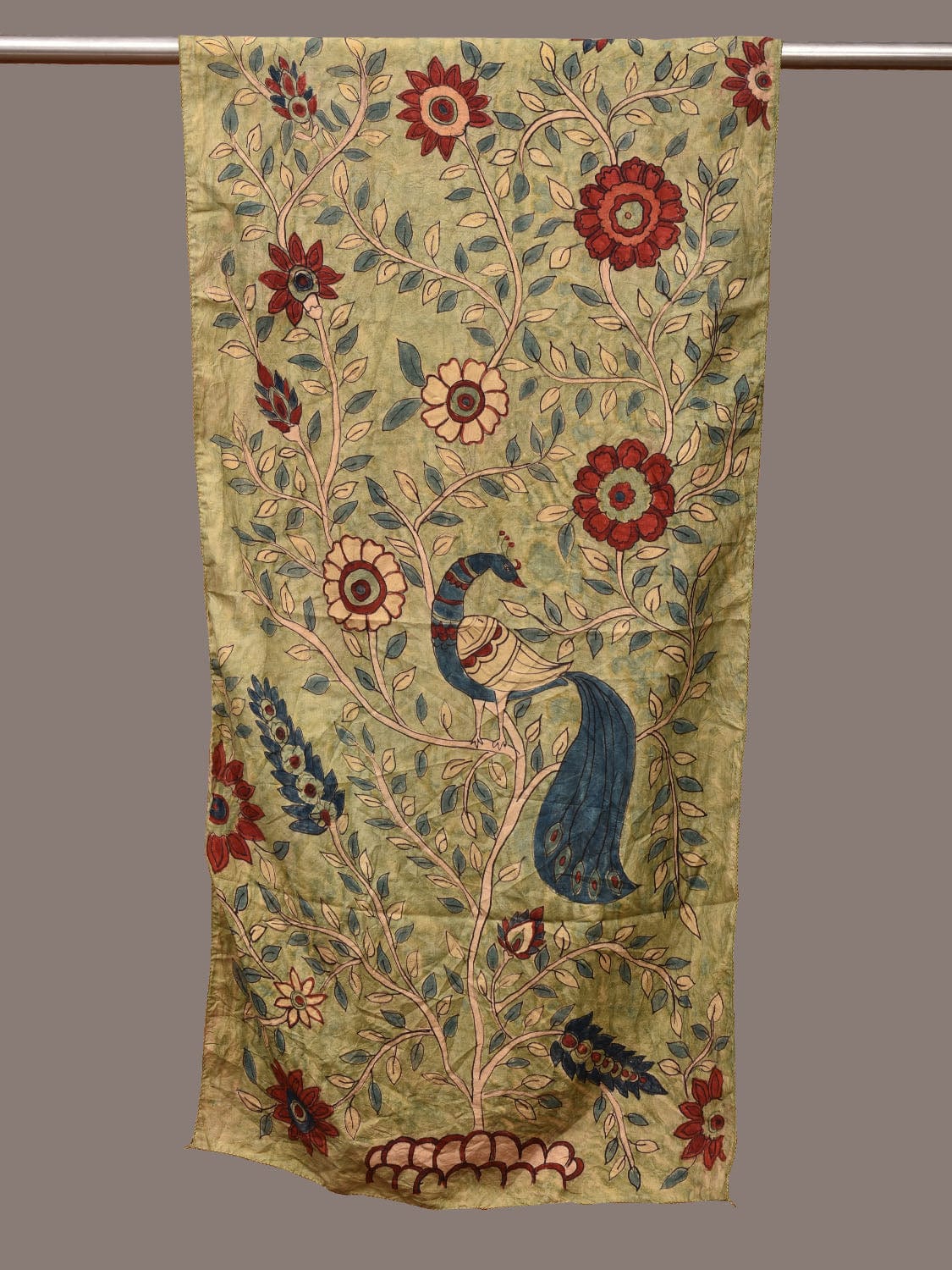 Light Green Kalamkari Hand Painted Sico Handloom Stole with Floral and Peacock Design ds3204