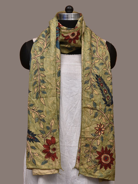 Light Green Kalamkari Hand Painted Sico Handloom Stole with Floral and Peacock Design ds3204