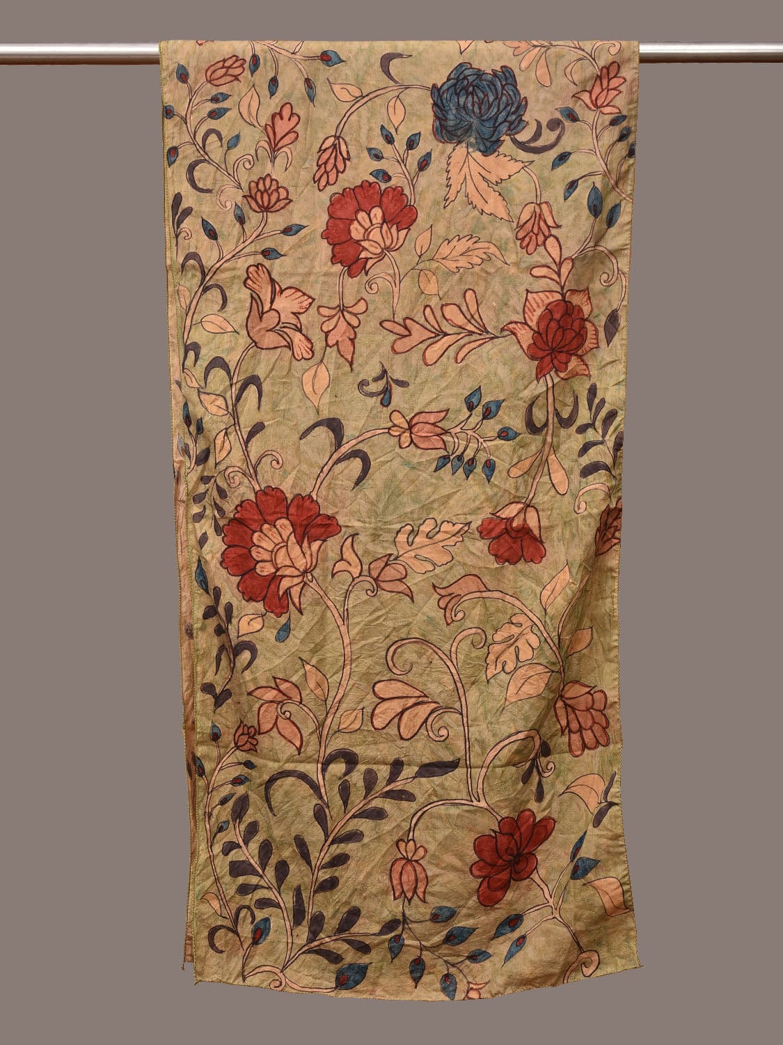 Light Green Kalamkari Hand Painted Sico Handloom Stole with Floral Design ds3202