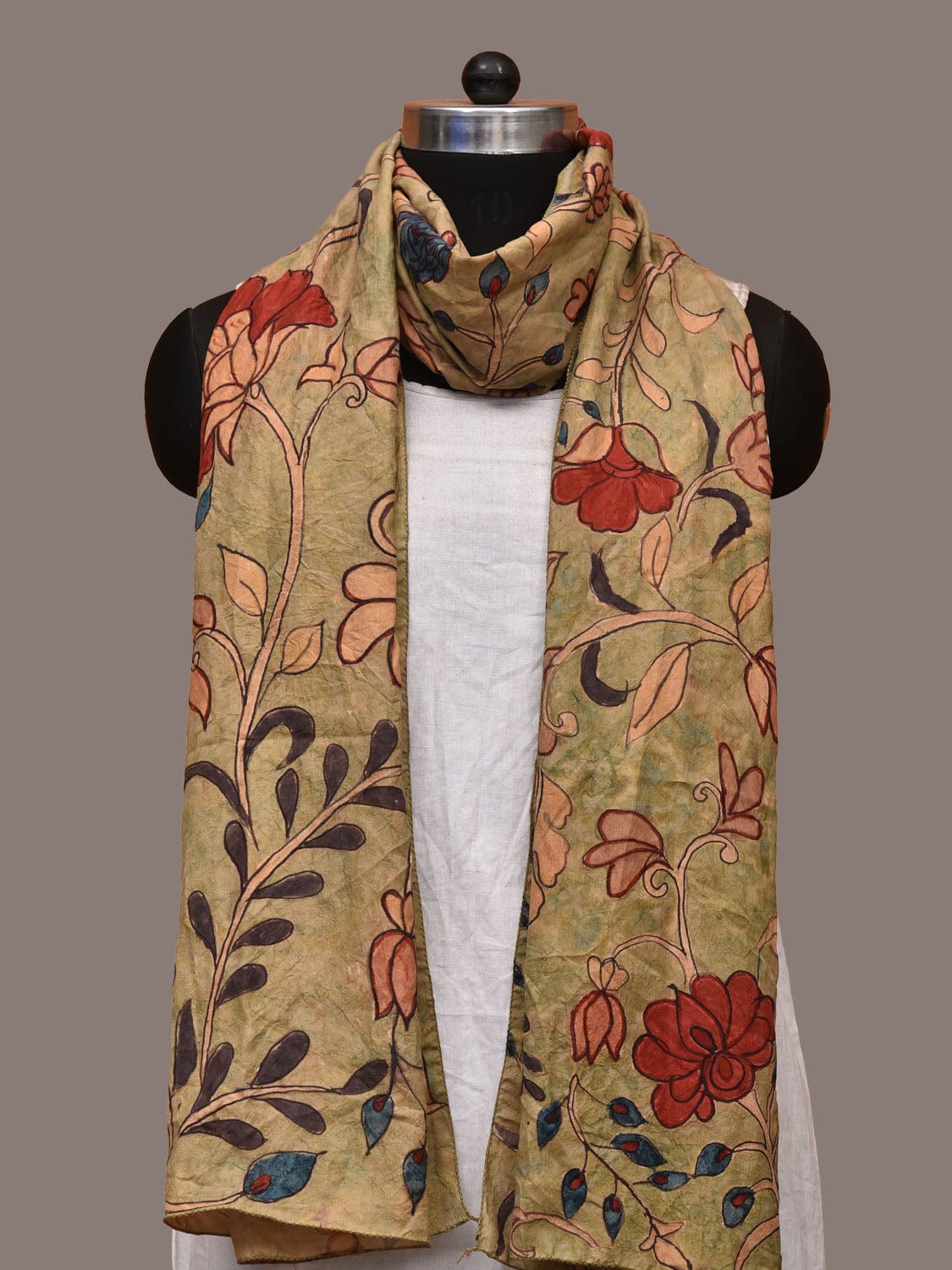 Light Green Kalamkari Hand Painted Sico Handloom Stole with Floral Design ds3202