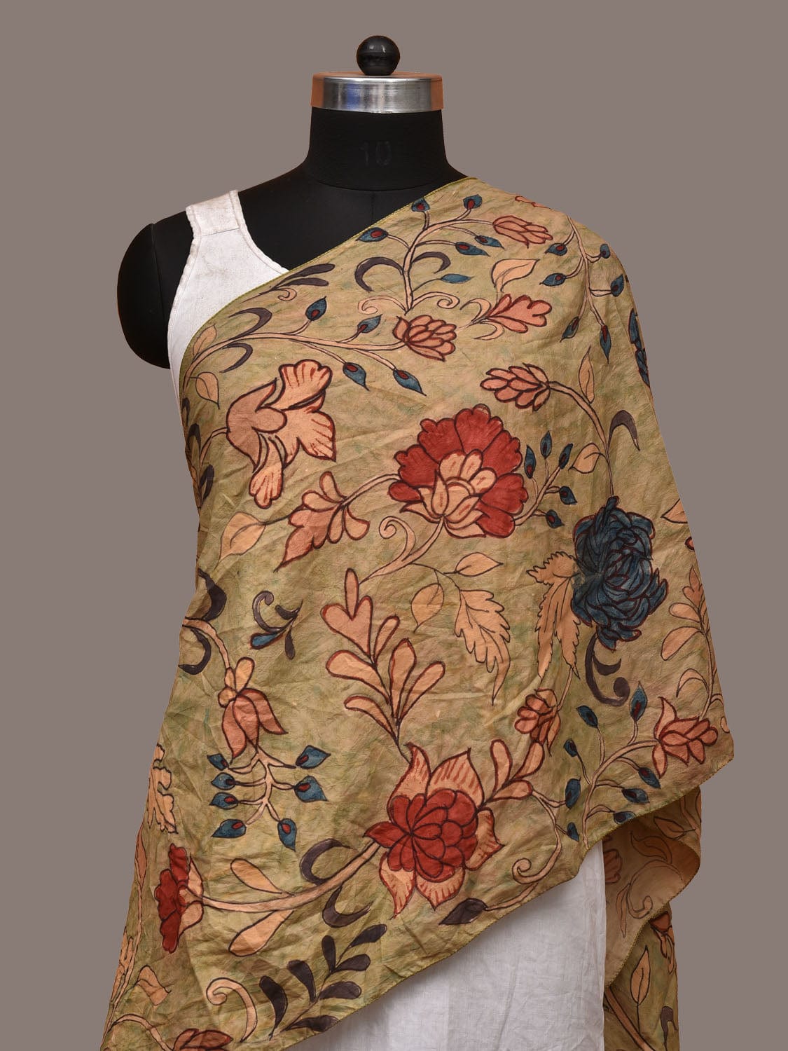 Light Green Kalamkari Hand Painted Sico Handloom Stole with Floral Design ds3202