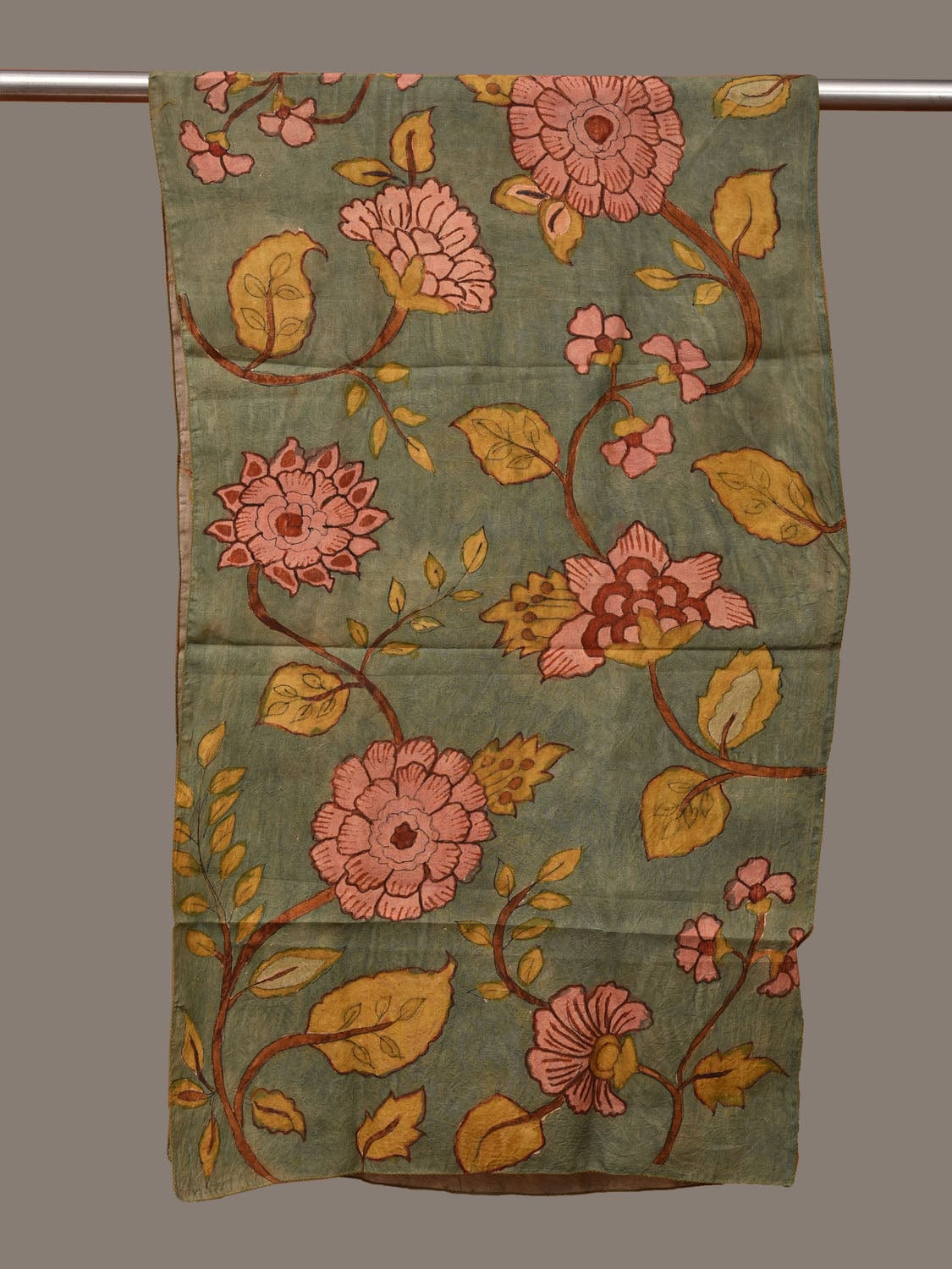 Light Green Kalamkari Hand Painted Sico Stole with Floral Design ds3152