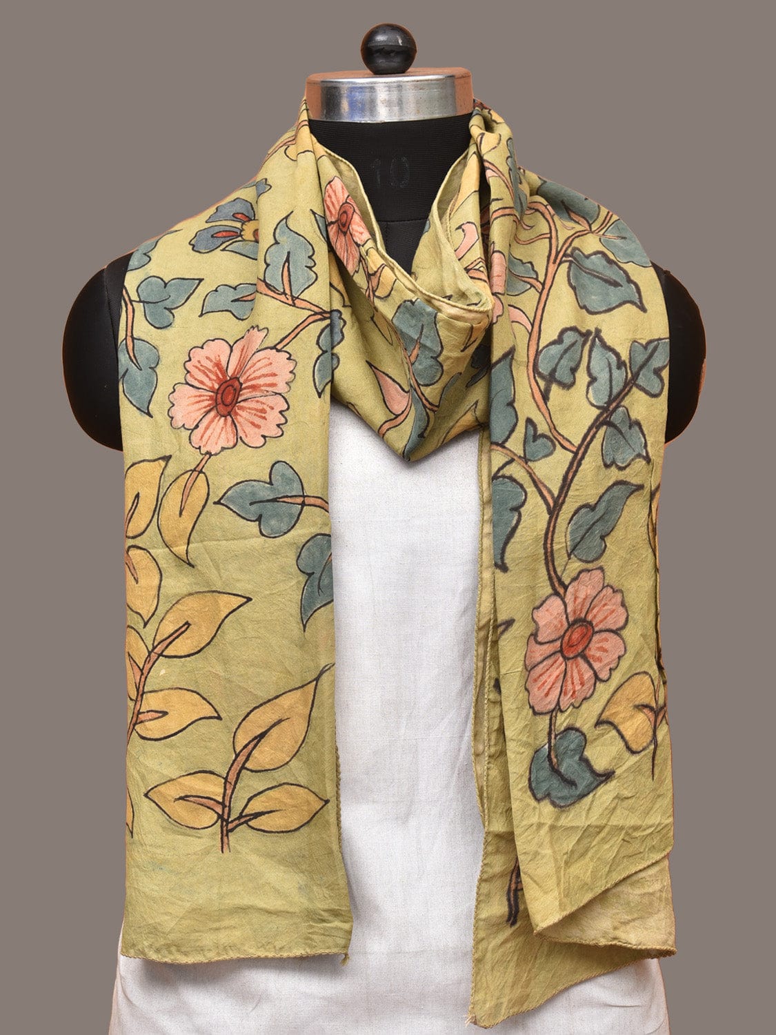 Light Green Kalamkari Hand Painted Sico Stole with Floral Design ds3304