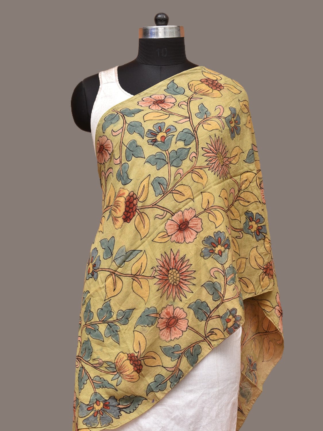 Light Green Kalamkari Hand Painted Sico Stole with Floral Design ds3304
