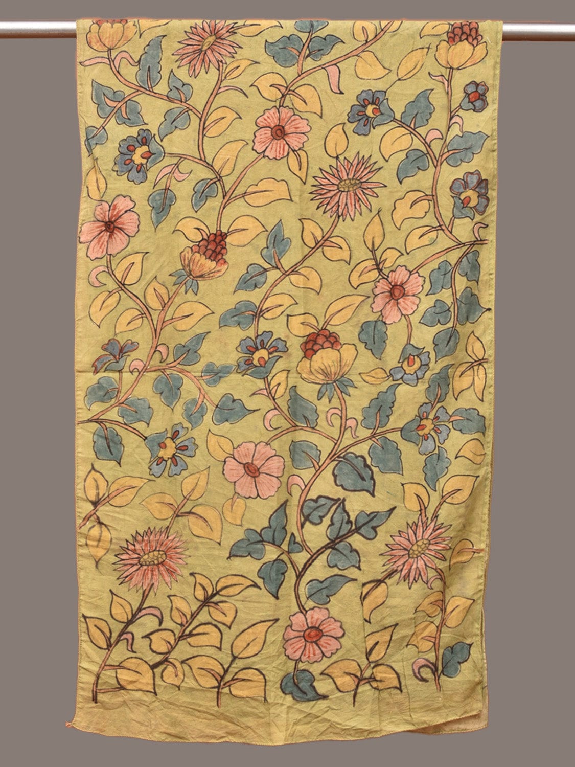 Light Green Kalamkari Hand Painted Sico Stole with Floral Design ds3304