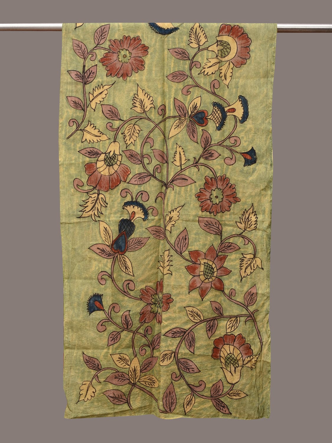 Light Green Kalamkari Hand Painted Sico Stole with Floral Design ds3559