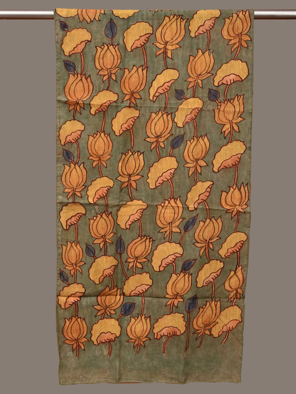 Light Green Kalamkari Hand Painted Sico Stole with Lotus Flowers Design ds3150