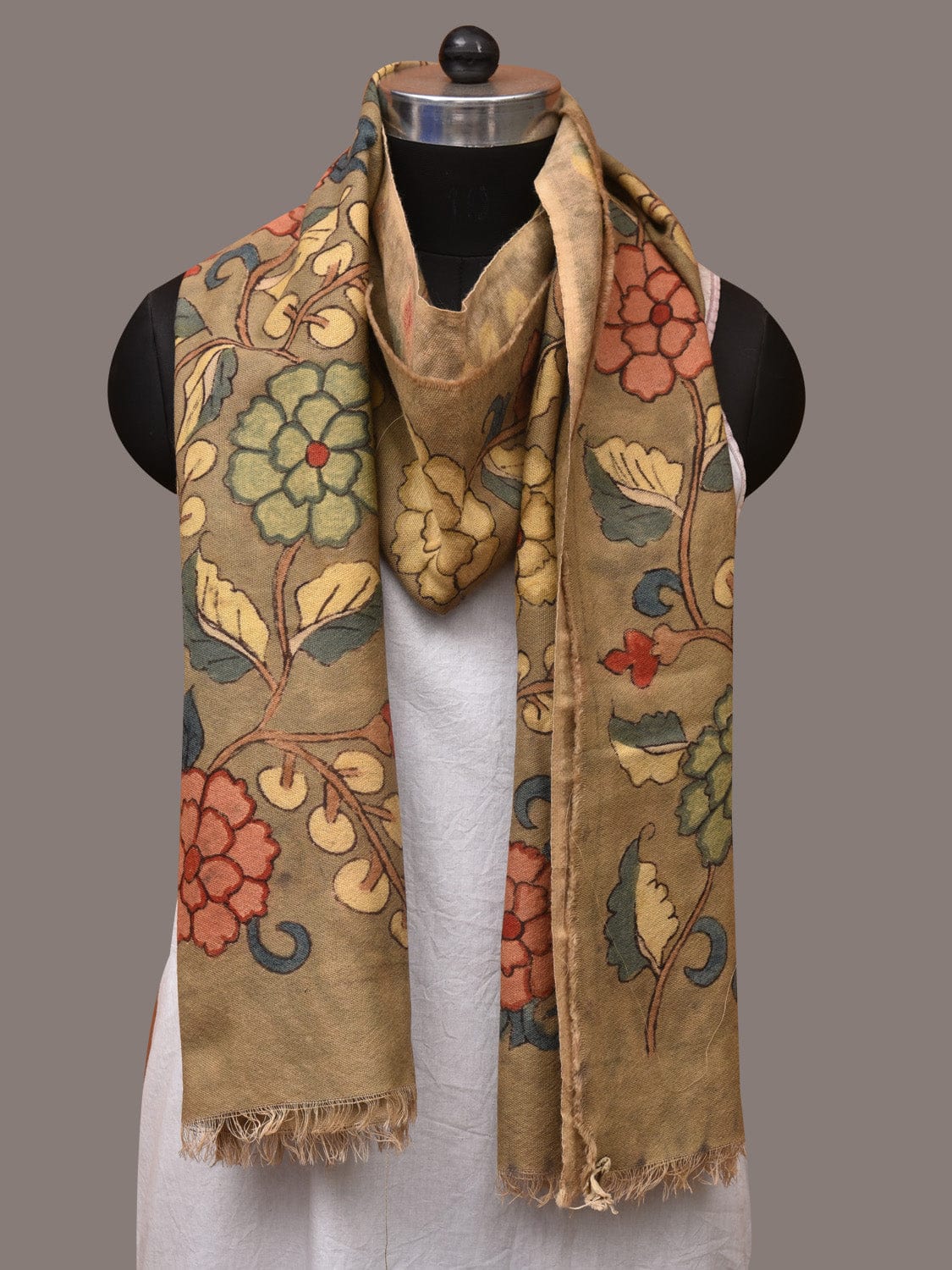 Light Green Kalamkari Hand Painted Woolen Handloom Stole with Floral Design ds3539