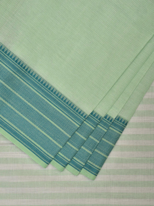 Light Green Kanchipuram Cotton Handloom Plain Saree with Strips Pallu and Border Design k0548