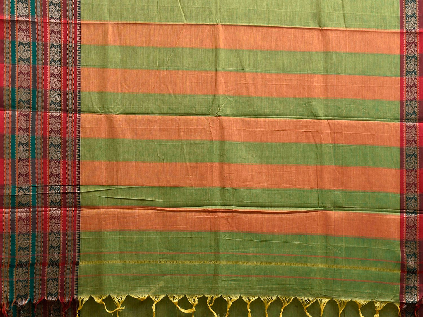 Light Green Kanchipuram Cotton Plain Saree with Strips Pallu and Border Design No Blouse k0838