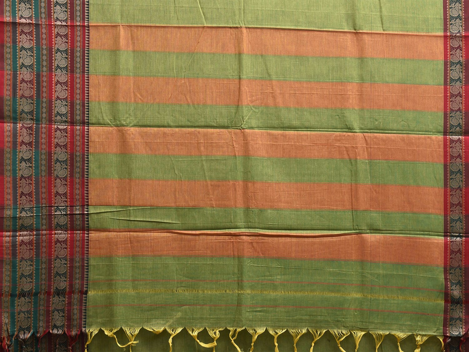 Light Green Kanchipuram Cotton Plain Saree with Strips Pallu and Border Design No Blouse k0838