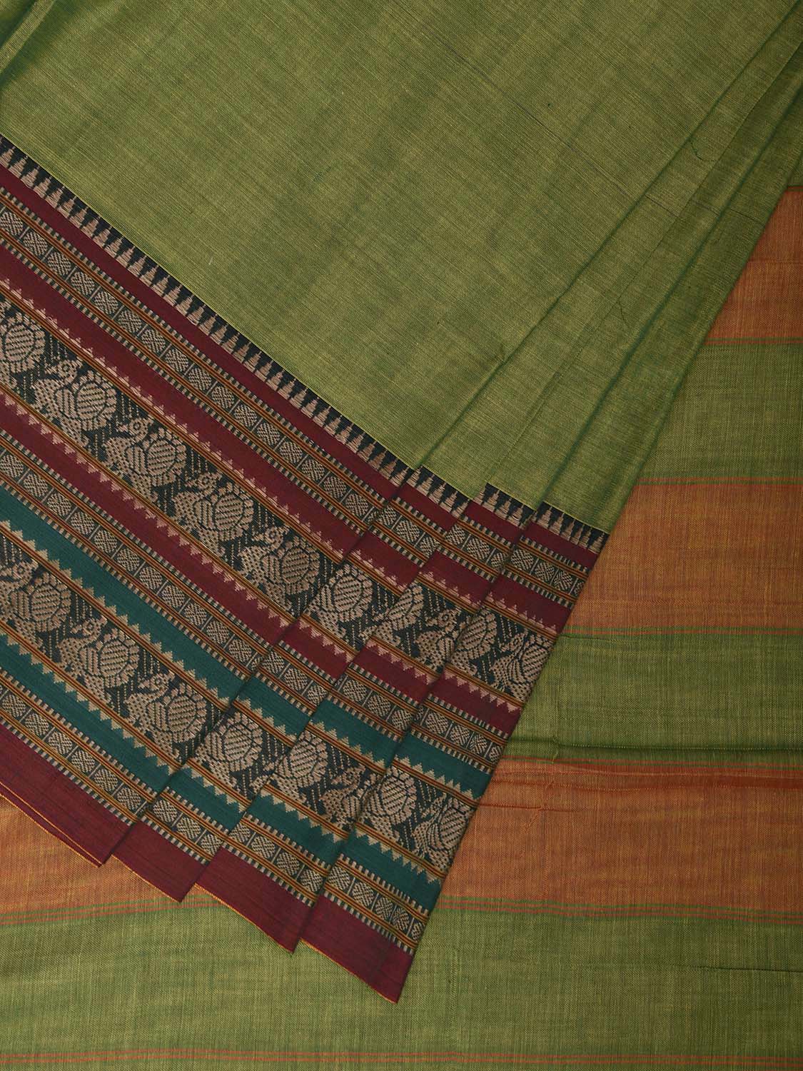 Light Green Kanchipuram Cotton Plain Saree with Strips Pallu and Border Design No Blouse k0838