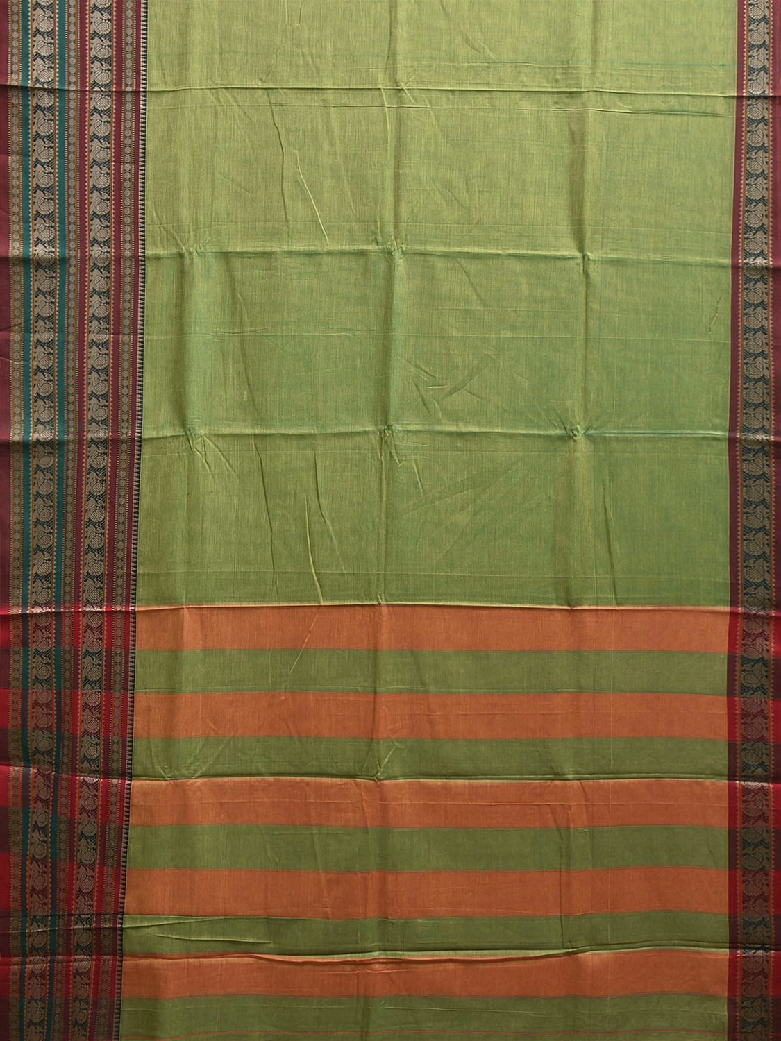Light Green Kanchipuram Cotton Plain Saree with Strips Pallu and Border Design No Blouse k0838