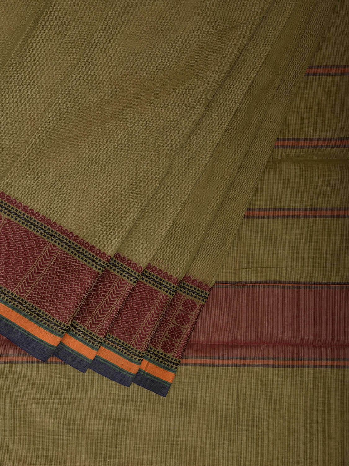 Light Green Kanchipuram Cotton Saree with Strips Pallu and Border Design k0866
