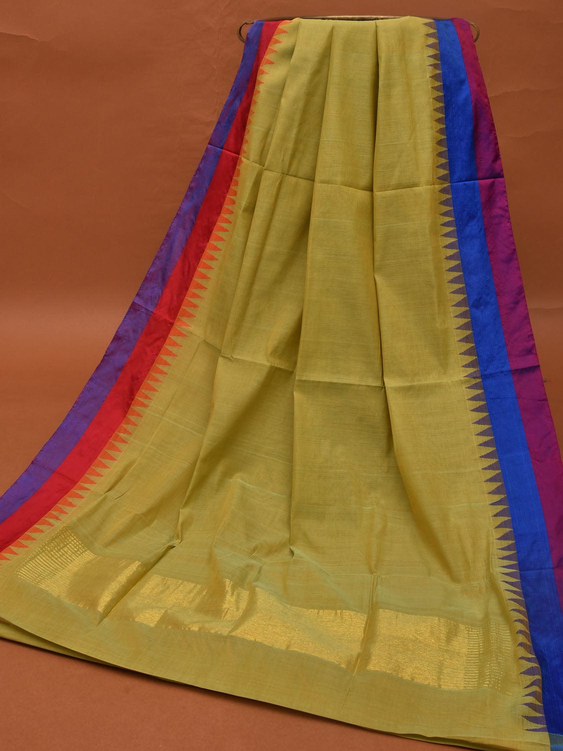 Light Green Khadi Cotton Handloom Plain Saree with Temple Border Design kh0559