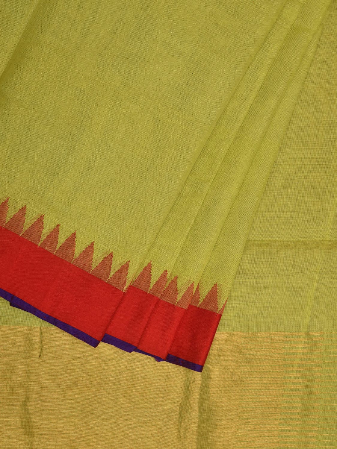 Light Green Khadi Cotton Handloom Plain Saree with Temple Border Design kh0563