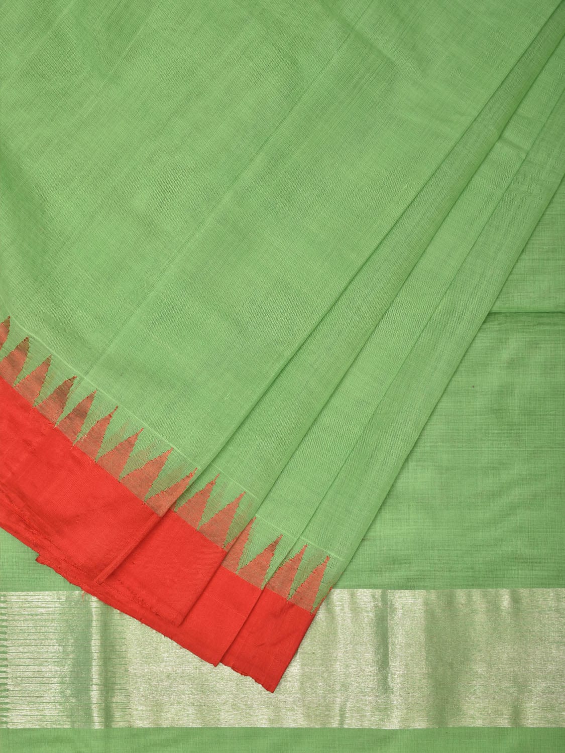 Light Green Khadi Cotton Handloom Plain Saree with Temple Border Design kh0599