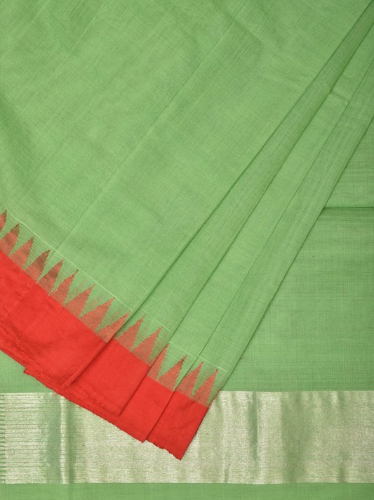 Light Green Khadi Cotton Handloom Plain Saree with Temple Border Design kh0599
