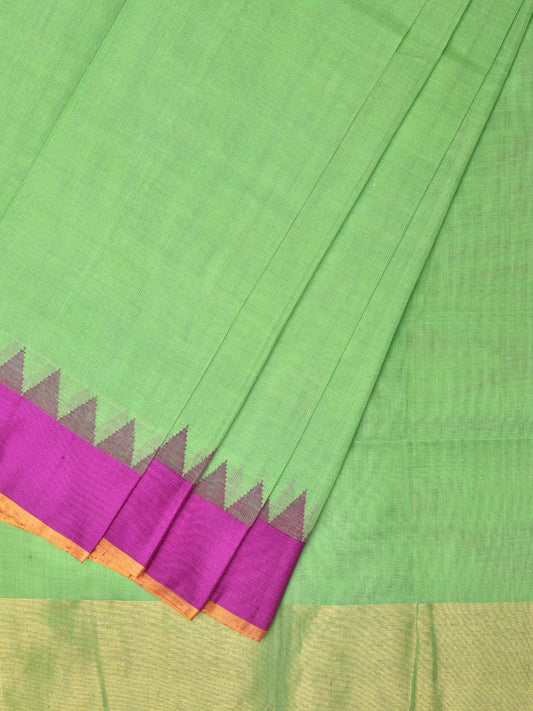 Light Green Khadi Cotton Handloom Plain Saree with Temple Border Design kh0637
